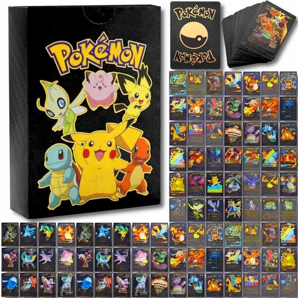 Karty Pokemon Kolekcjonerskie 3w1 Złote Czarne Tęczowe 165 Sztuk