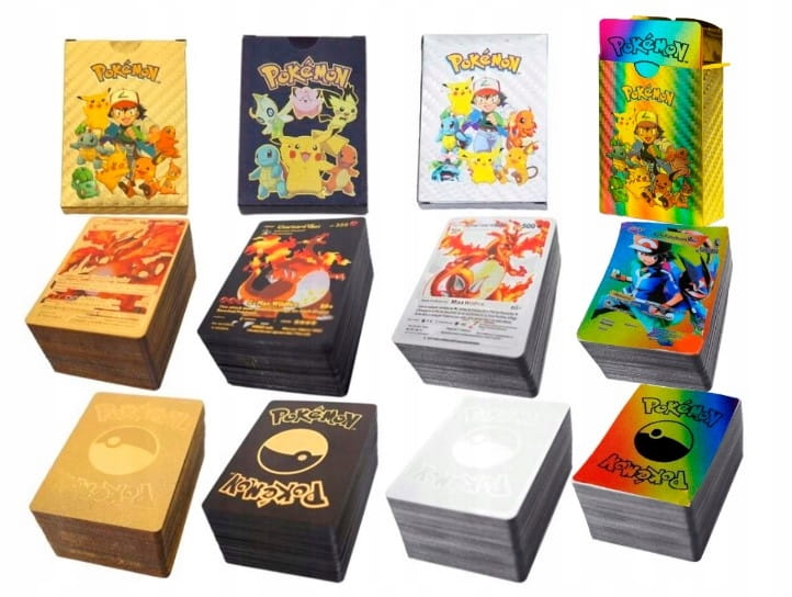 Karty Pokemon Kolekcjonerskie 4w1 Złote Czarne Srebrne Tęczowe 220 Sztuk
