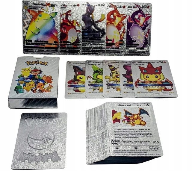 Karty Pokemon Kolekcjonerskie 4w1 Złote Czarne Srebrne Tęczowe 220 Sztuk